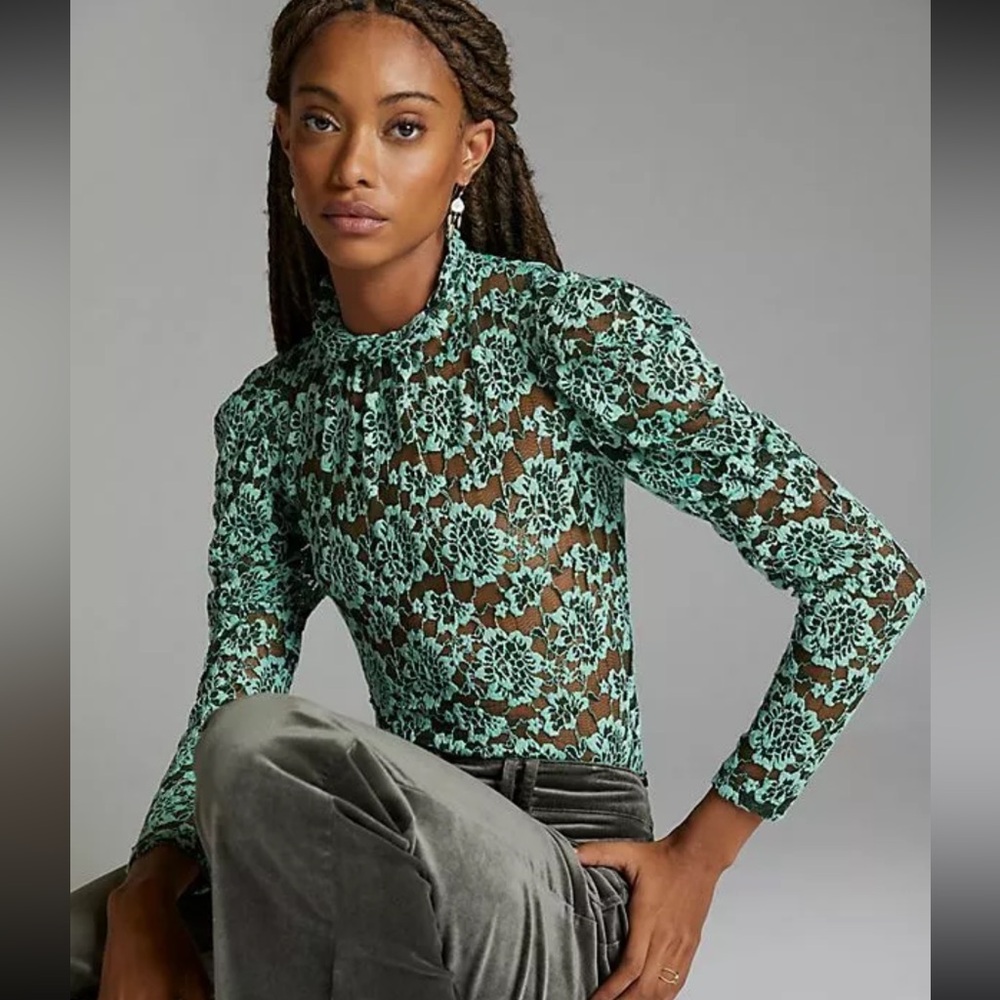 Anthropologie Dolan Left Coast Semi Sheer Green Lotus Lace Long Sleeve Top | L